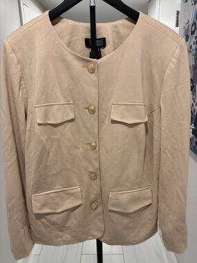 dennis basso Tan Crew-Neck Gold-Button Blazer